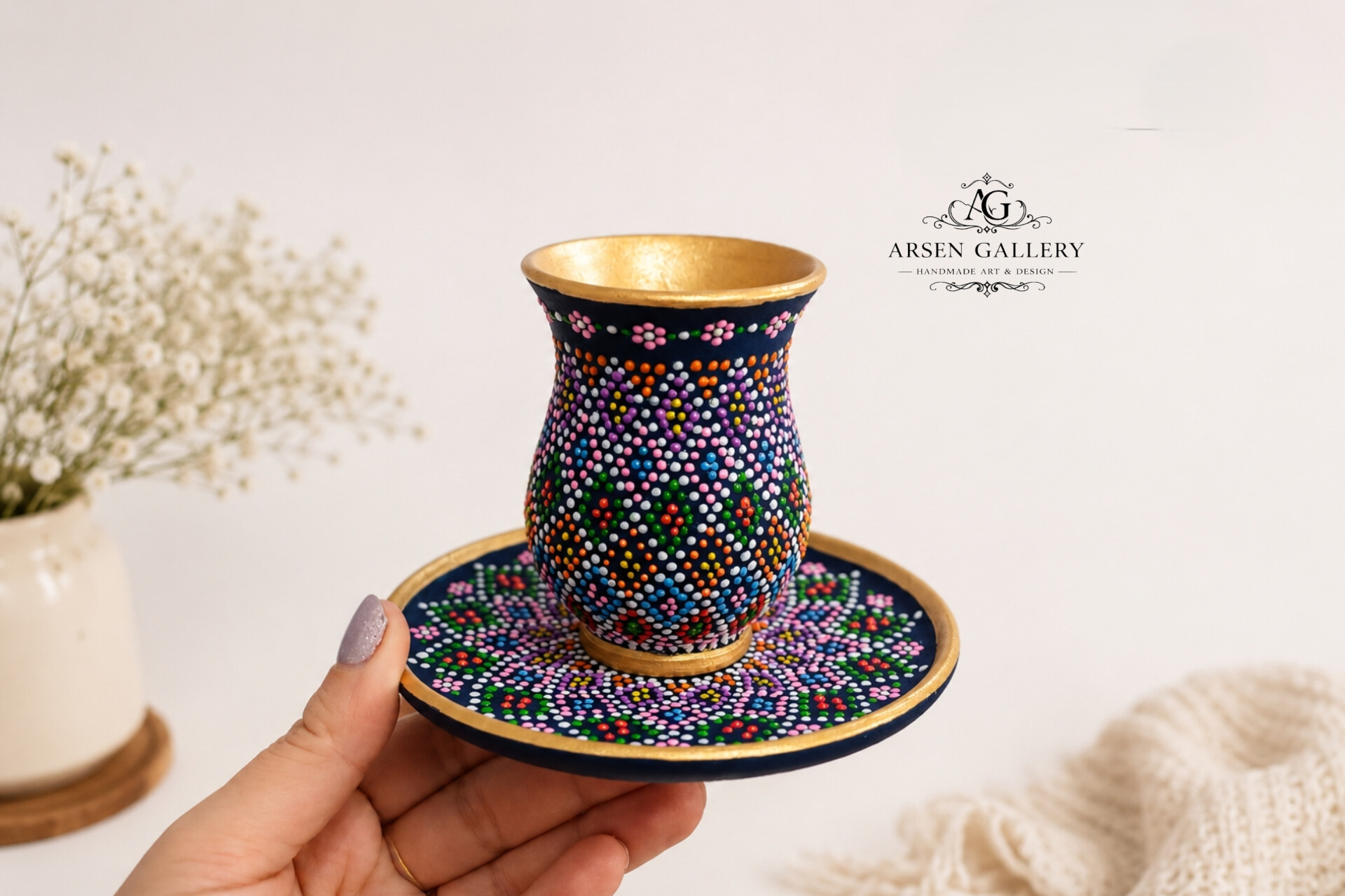 استکان و نعلبکی سفالی نقطه‌کوبی دست‌ساز | دکوری سنتی ایرانی