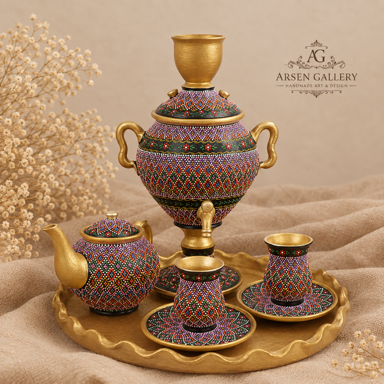 ست دکوری سماور و چایخوری سفالی دستساز هنر نقطهکوبی